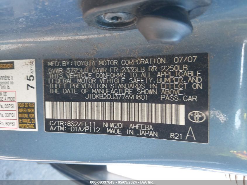 2007 Toyota Prius VIN: JTDKB20U377690801 Lot: 39397649