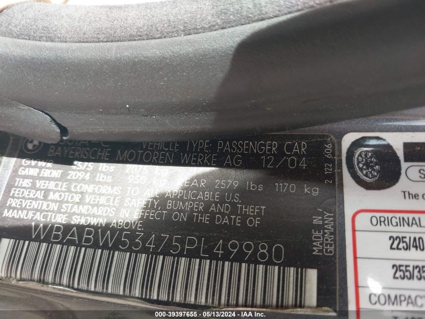 2005 BMW 330Ci VIN: WBABW53475PL49980 Lot: 39397655