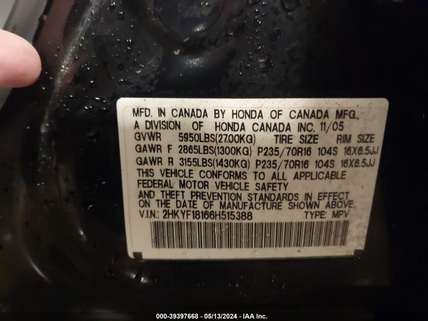2006 Honda Pilot Lx VIN: 2HKYF18166H515388 Lot: 39397668