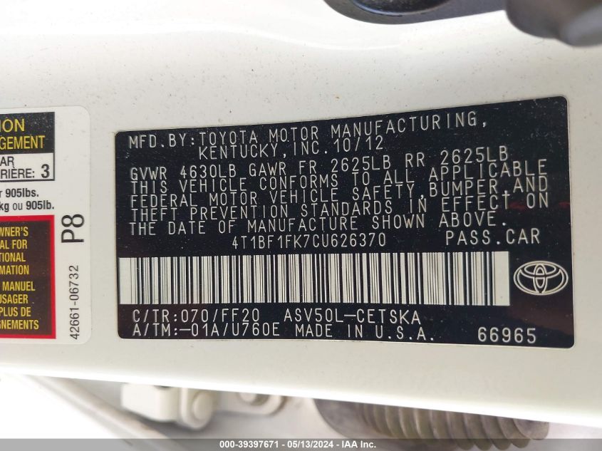 2012 Toyota Camry Se Limited Edition VIN: 4T1BF1FK7CU626370 Lot: 39397671