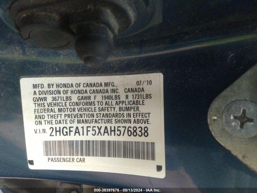 2010 Honda Civic Lx VIN: 2HGFA1F5XAH576838 Lot: 39397676
