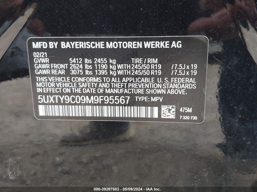 2021 BMW X3 M40I VIN: 5UXTY9C09M9F95567 Lot: 39397683