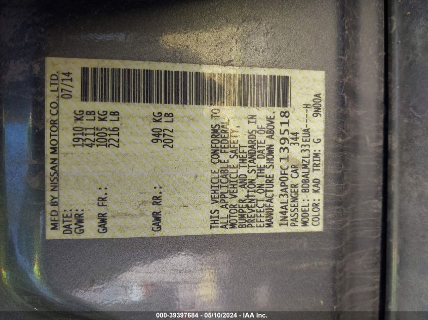 2015 Nissan Altima 2.5 Sv VIN: 1N4AL3AP0FC139518 Lot: 39397684