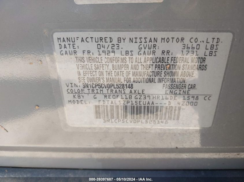 2023 Nissan Kicks Sv Xtronic Cvt VIN: 3N1CP5CV0PL528148 Lot: 39397687