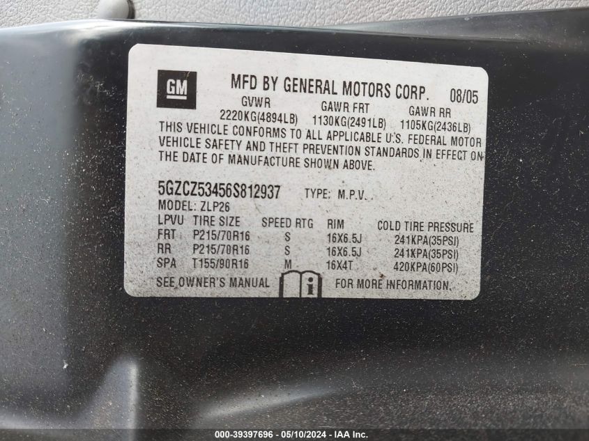 2006 Saturn Vue V6 VIN: 5GZCZ53456S812937 Lot: 39397696