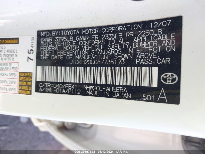 2008 Toyota Prius VIN: JTDKB20U087735193 Lot: 39397698