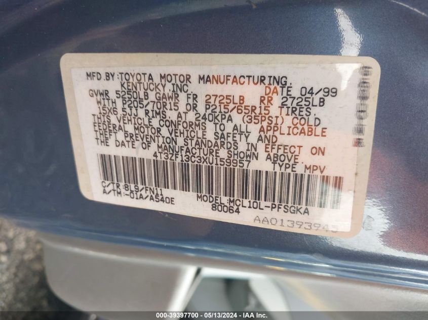 1999 Toyota Sienna Le VIN: 4T3ZF13C3XU159957 Lot: 39397700