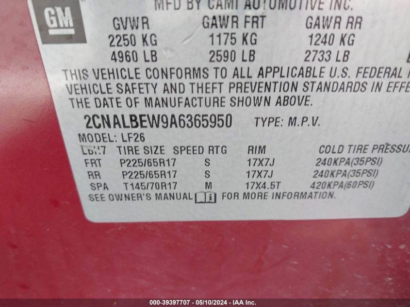 2010 Chevrolet Equinox Ls VIN: 2CNALBEW9A6365950 Lot: 39397707