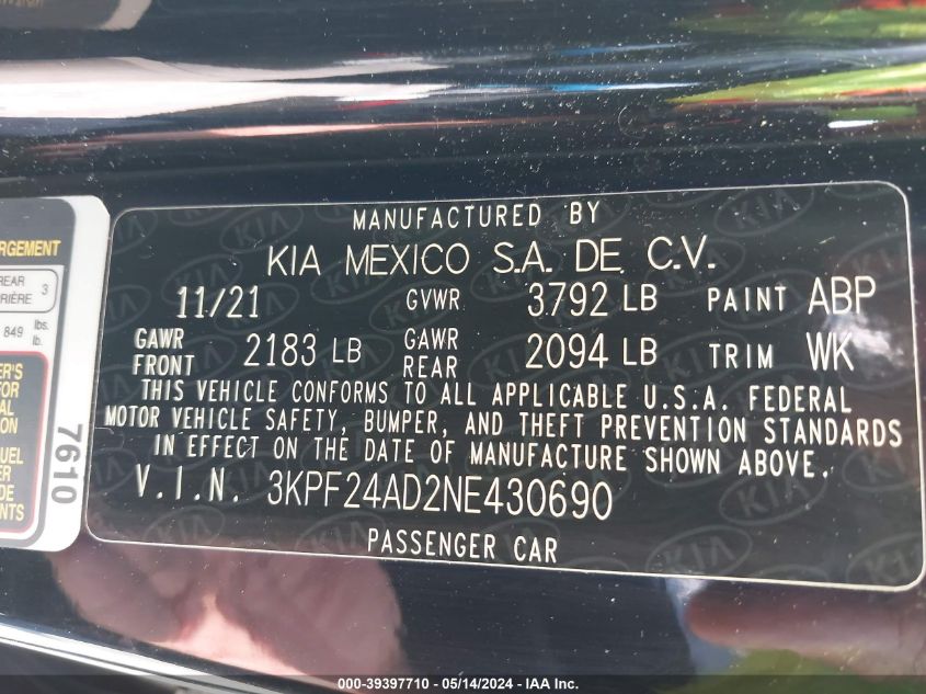 2022 Kia Forte Lxs VIN: 3KPF24AD2NE430690 Lot: 39397710