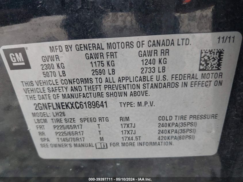 2012 Chevrolet Equinox 2Lt VIN: 2GNFLNEKXC6189641 Lot: 39397711