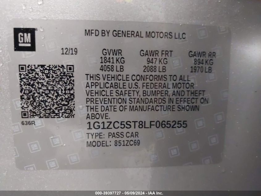 2020 Chevrolet Malibu Fwd 1Fl VIN: 1G1ZC5ST8LF065255 Lot: 39397727