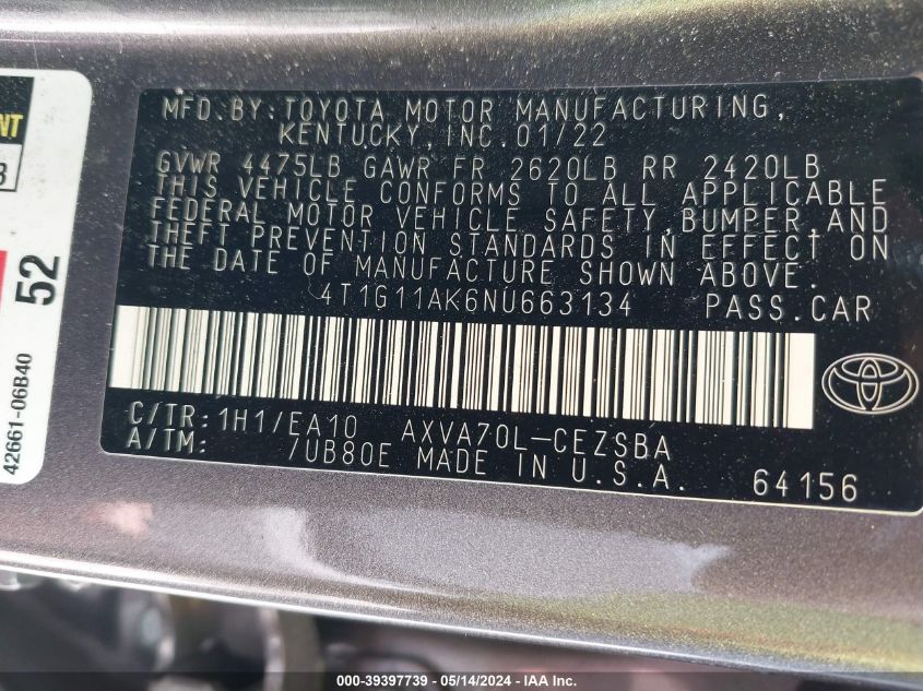 2022 TOYOTA CAMRY SE - 4T1G11AK6NU663134