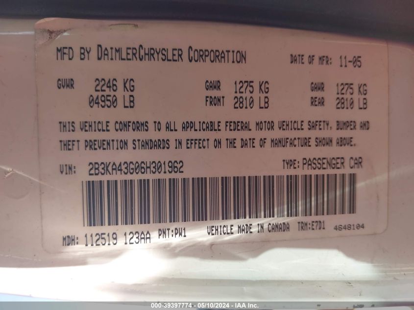 2006 Dodge Charger VIN: 2B3KA43G06H301962 Lot: 39397774