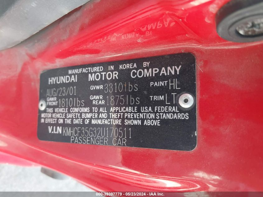 2002 Hyundai Accent L VIN: KMHCF35G32U170511 Lot: 39397779