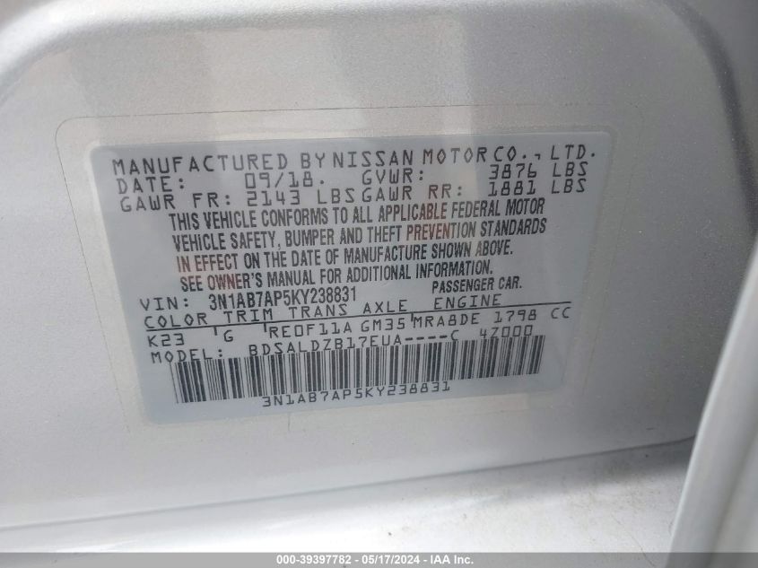 3N1AB7AP5KY238831 2019 Nissan Sentra Sv