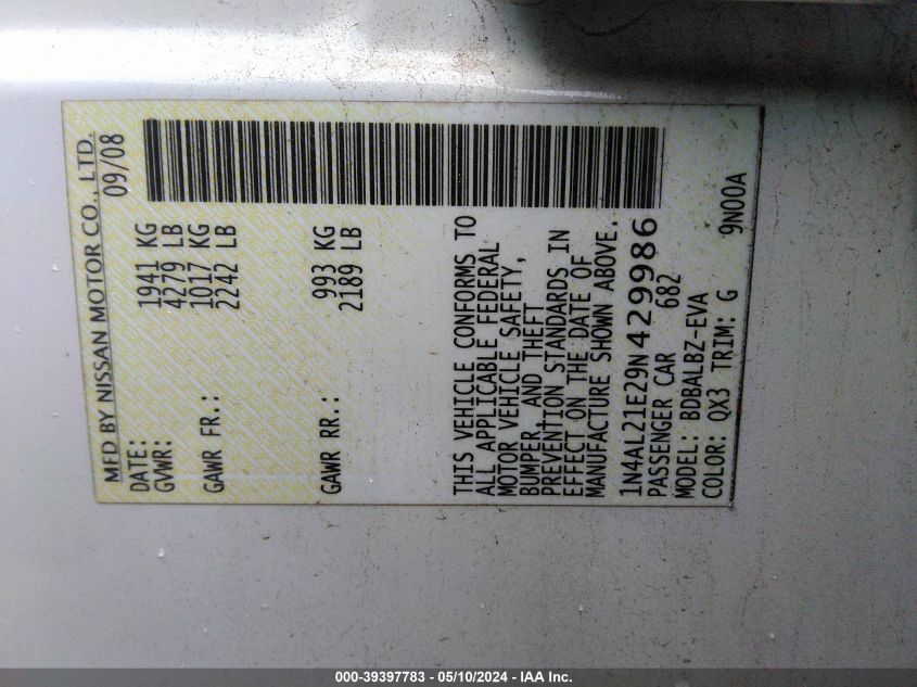 2009 Nissan Altima 2.5 S VIN: 1N4AL21E29N429986 Lot: 39397783