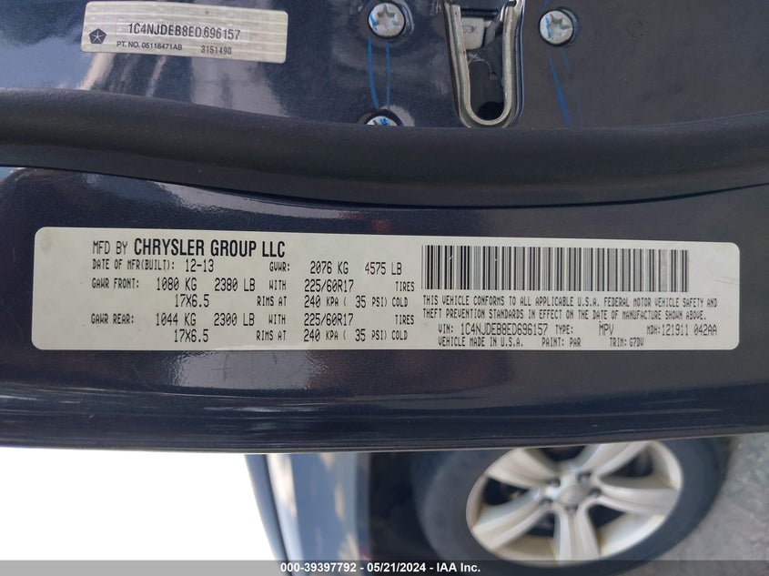 2014 Jeep Compass Latitude VIN: 1C4NJDEB8ED696157 Lot: 39397792