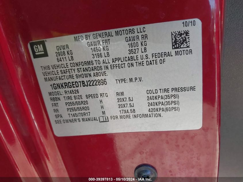 2011 Chevrolet Traverse 1Lt VIN: 1GNKRGED7BJ222896 Lot: 39397813