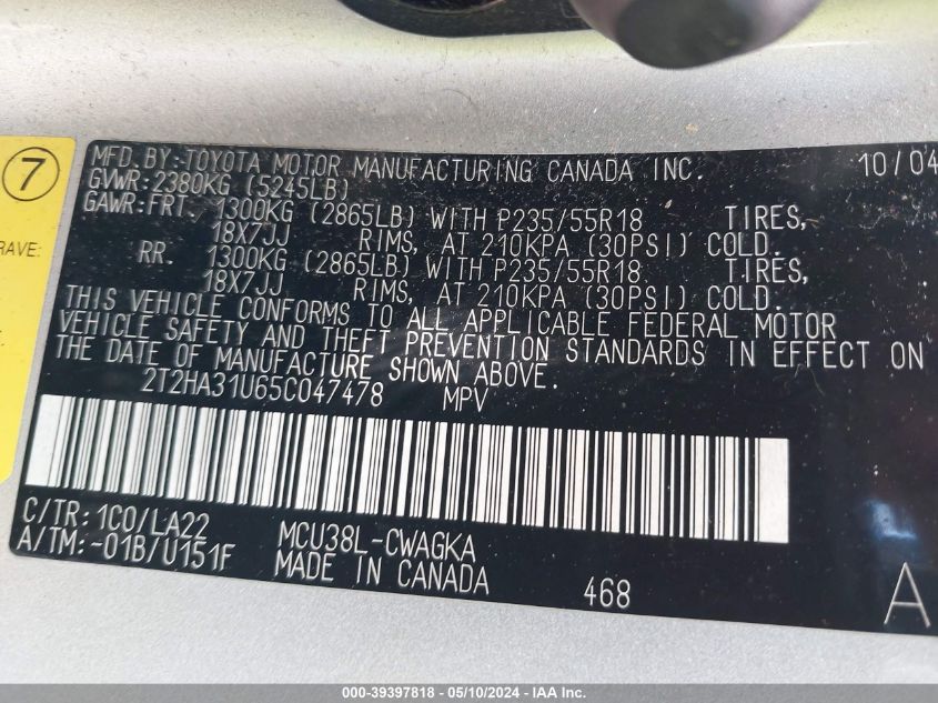 2005 Lexus Rx 330 VIN: 2T2HA31U65C047478 Lot: 39397818