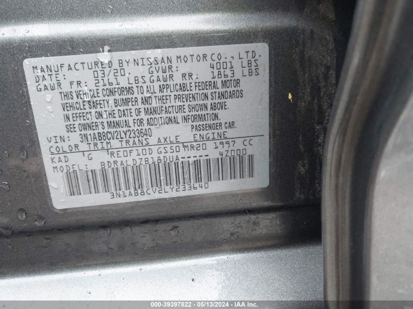 2020 Nissan Sentra Sv Xtronic Cvt VIN: 3N1AB8CV2LY233640 Lot: 39397822