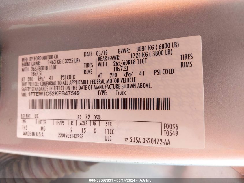 2019 Ford F-150 Xlt VIN: 1FTEW1C52KFB47549 Lot: 39397831