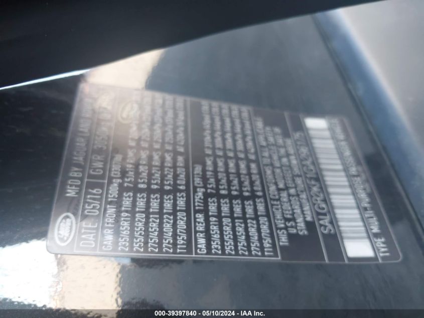 2016 Land Rover Range Rover 3.0L V6 Turbocharged Diesel Td6 VIN: SALGR2KF1GA296175 Lot: 39397840