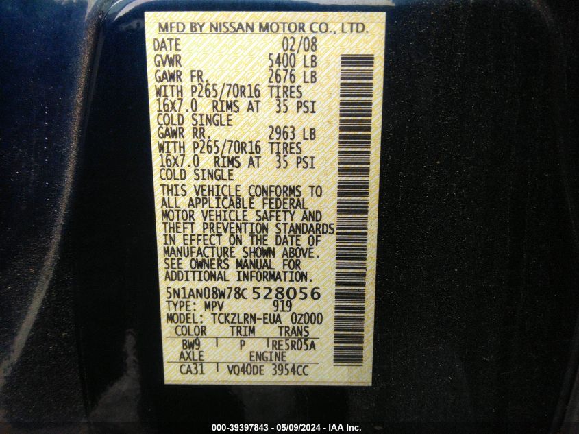 2008 Nissan Xterra S VIN: 5N1AN08W78C528056 Lot: 39397843