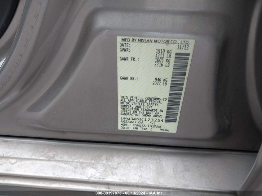 2014 Nissan Altima 2.5 S VIN: 1N4AL3APXEC173254 Lot: 39397873