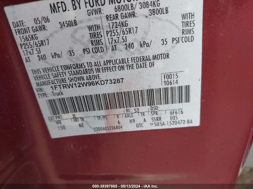 2006 Ford F-150 Xlt VIN: 1FTRW12W96KD73287 Lot: 39397885