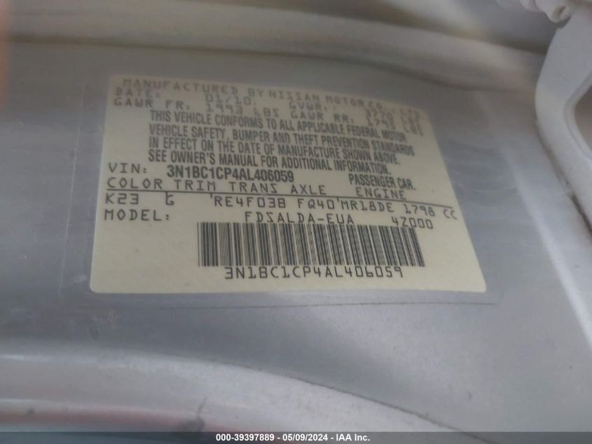 2010 Nissan Versa 1.8S VIN: 3N1BC1CP4AL406059 Lot: 39397889