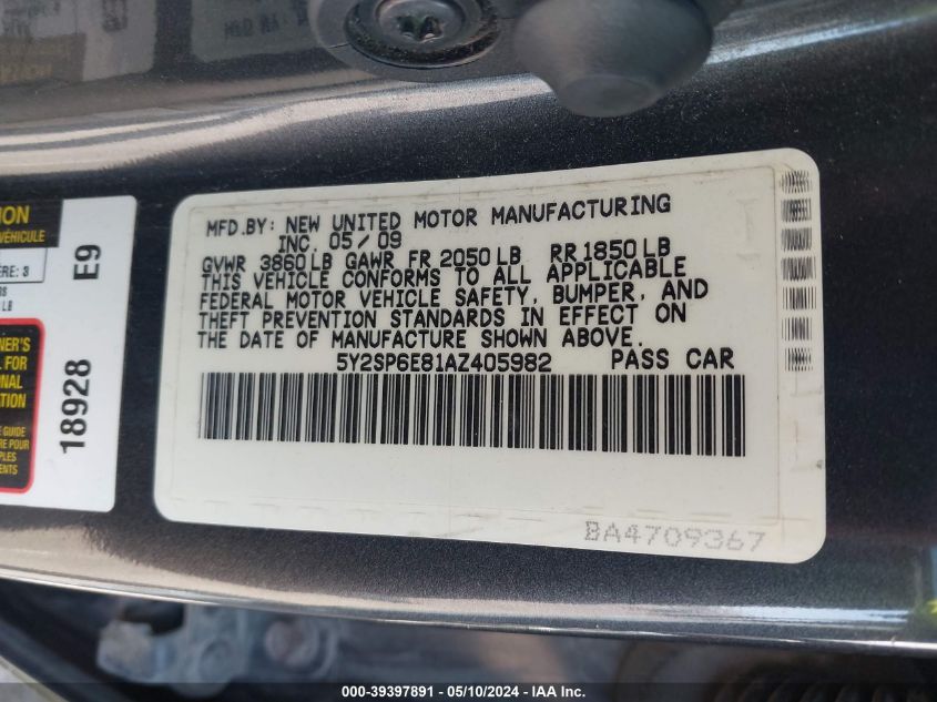 2010 Pontiac Vibe VIN: 5Y2SP6E81AZ405982 Lot: 39397891