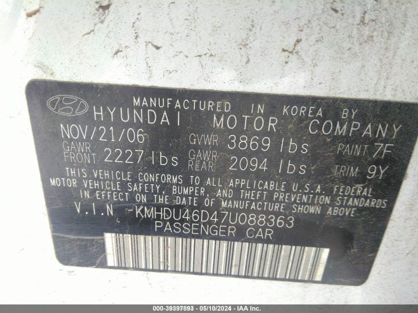 KMHDU46D47U088363 2007 Hyundai Elantra Gls/Limited/Se