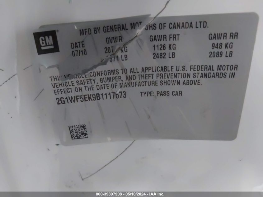 2011 Chevrolet Impala Ls VIN: 2G1WF5EK9B1117673 Lot: 39397908