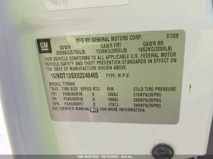2008 Chevrolet Trailblazer Lt VIN: 1GNDT13SX82248405 Lot: 39397922