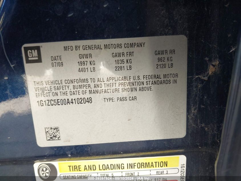 2010 Chevrolet Malibu Lt VIN: 1G1ZC5E00A4102048 Lot: 39397924