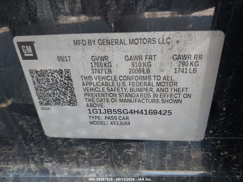 2017 Chevrolet Sonic Ls Auto VIN: 1G1JB5SG4H4169425 Lot: 39397925