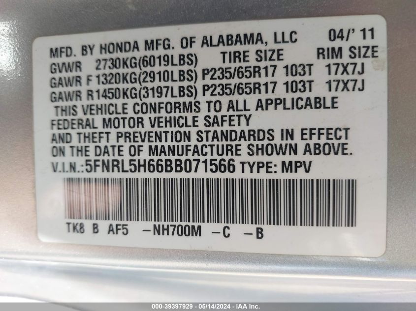 2011 Honda Odyssey Ex-L VIN: 5FNRL5H66BB071566 Lot: 39397929