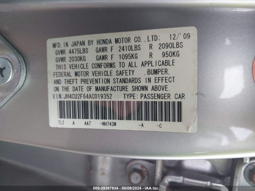 2010 Acura Tsx 2.4 VIN: JH4CU2F64AC019352 Lot: 39397934