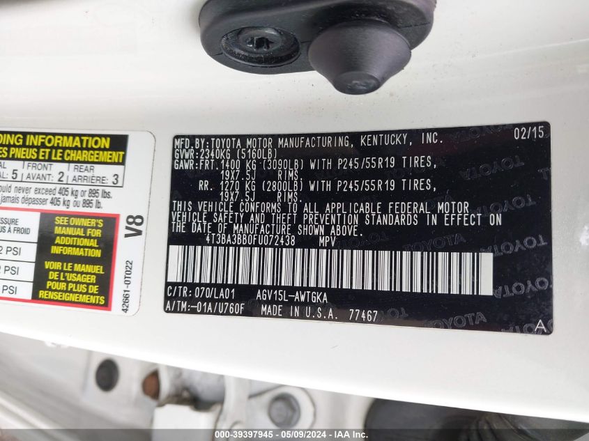 2015 Toyota Venza Xle VIN: 4T3BA3BB0FU072438 Lot: 39397945