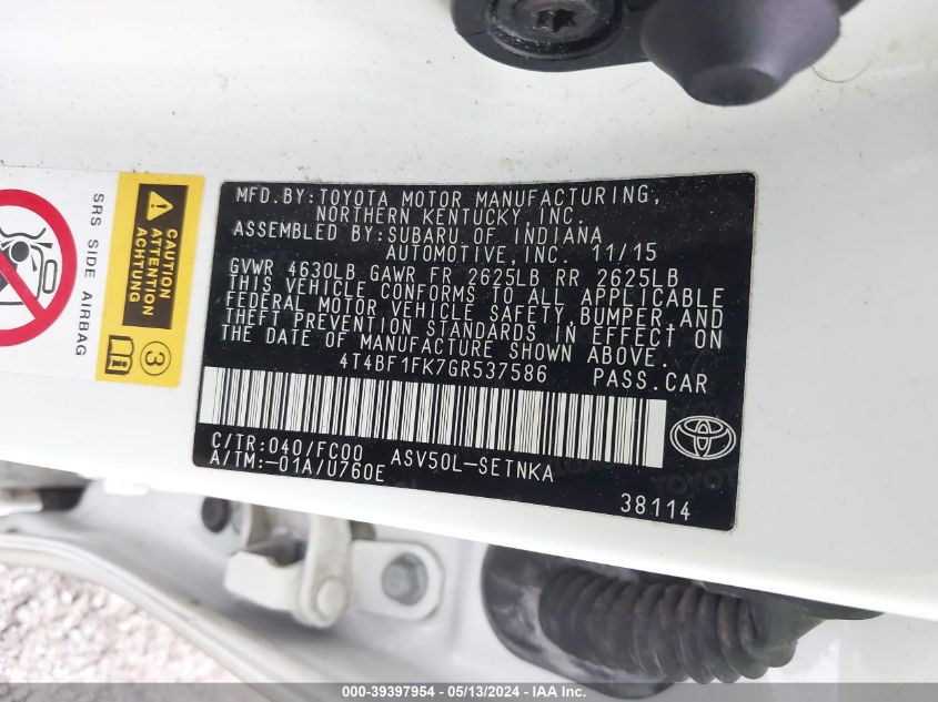 2016 Toyota Camry Le VIN: 4T4BF1FK7GR537586 Lot: 39397954