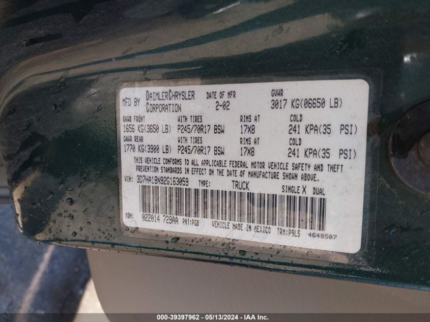 2002 Dodge Ram 1500 St VIN: 3D7HA18N92G163059 Lot: 39397962