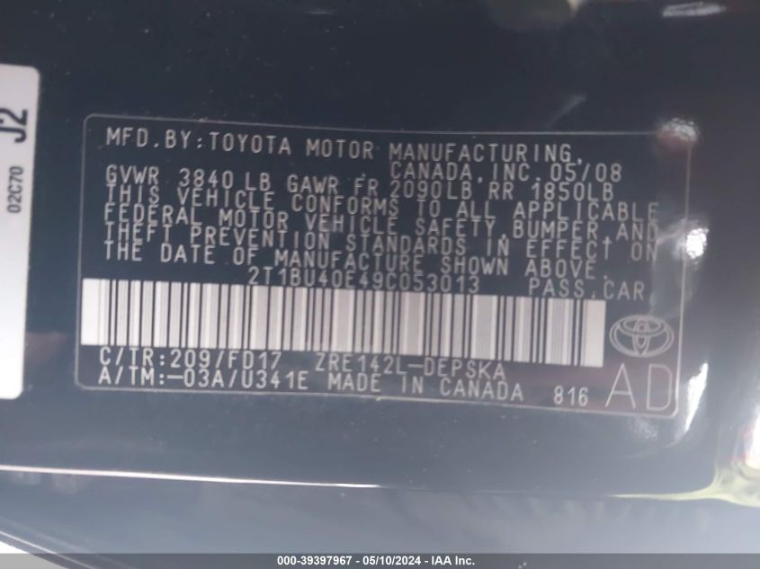 2009 Toyota Corolla S VIN: 2T1BU40E49C053013 Lot: 39397967