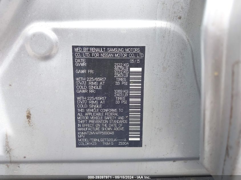 2015 Nissan Rogue Sv VIN: KNMAT2MV4FP569348 Lot: 39397971
