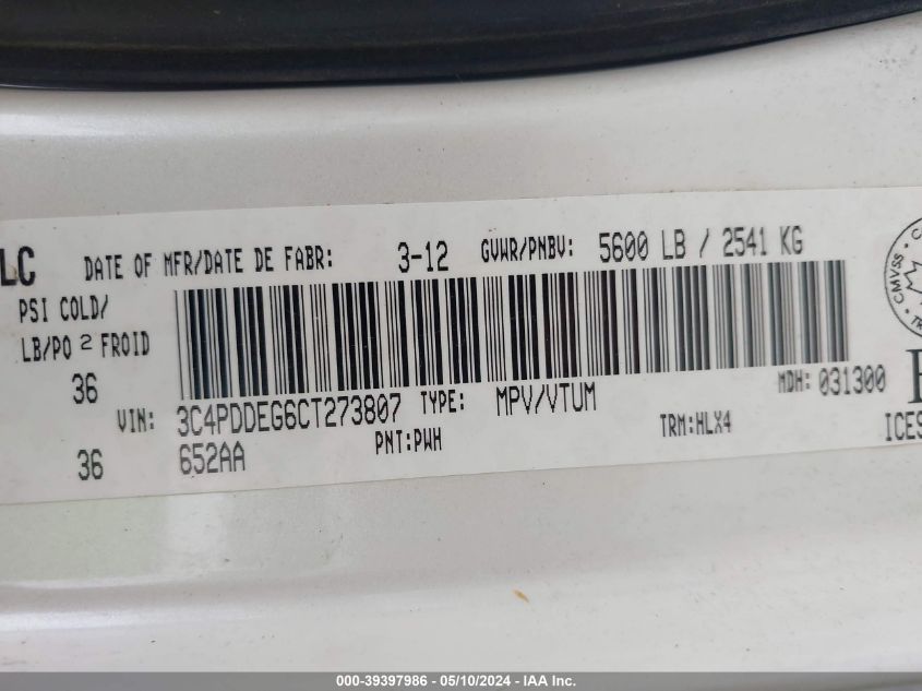 2012 Dodge Journey R/T Rallye VIN: 3C4PDDEG6CT273807 Lot: 39397986