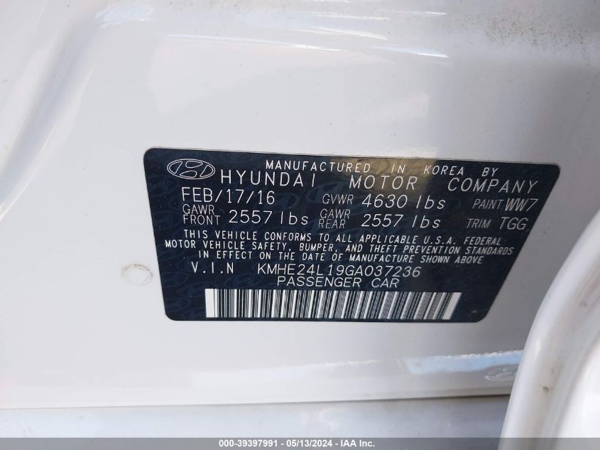 2016 Hyundai Sonata Hybrid/Se VIN: KMHE24L19GA037236 Lot: 39397991