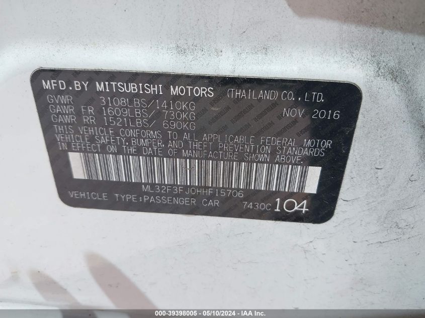 2017 Mitsubishi Mirage G4 Es VIN: ML32F3FJ0HHF15706 Lot: 39398005