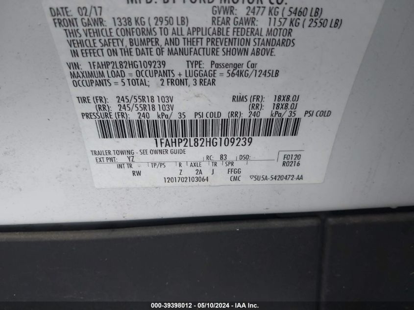 VIN 1FAHP2L82HG109239 2017 FORD POLICE INTERCEPTOR