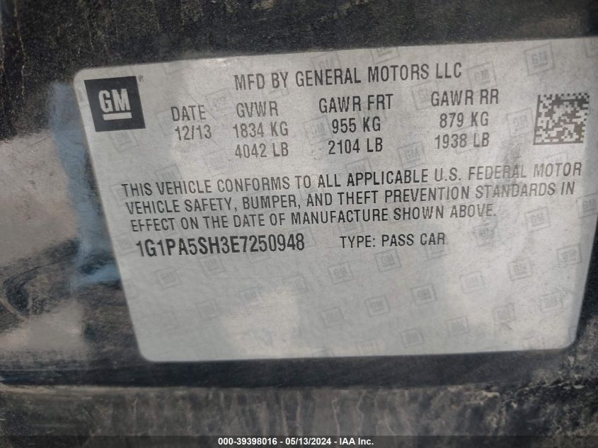 2014 Chevrolet Cruze Ls Auto VIN: 1G1PA5SH3E7250948 Lot: 39398016