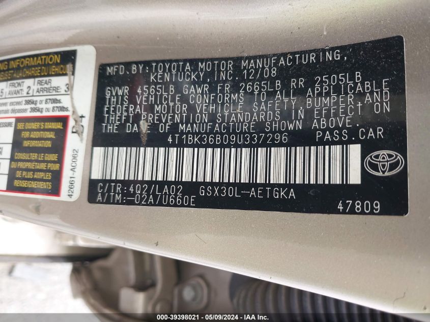 2009 Toyota Avalon Xls VIN: 4T1BK36B09U337296 Lot: 39398021