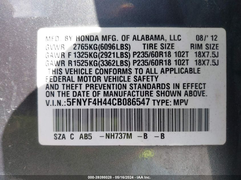2012 Honda Pilot Ex VIN: 5FNYF4H44CB086547 Lot: 39398028